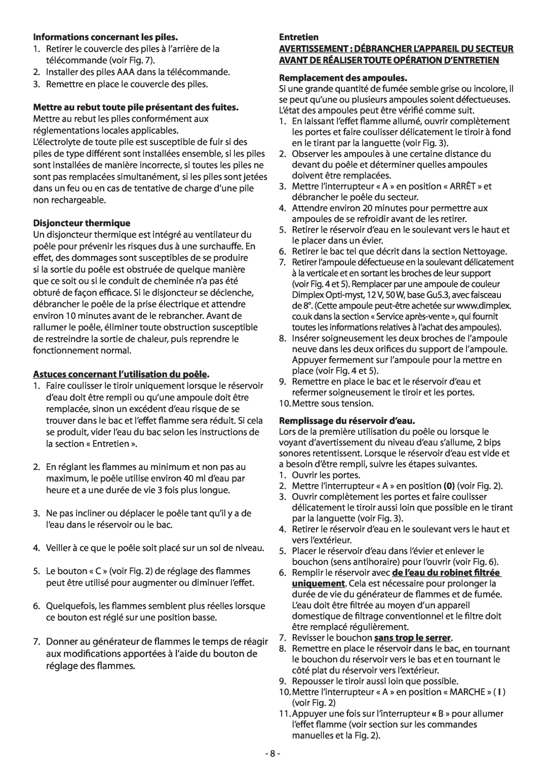 Dimplex CGn20 manual Informations concernant les piles, Disjoncteur thermique, Astuces concernant l’utilisation du poêle 
