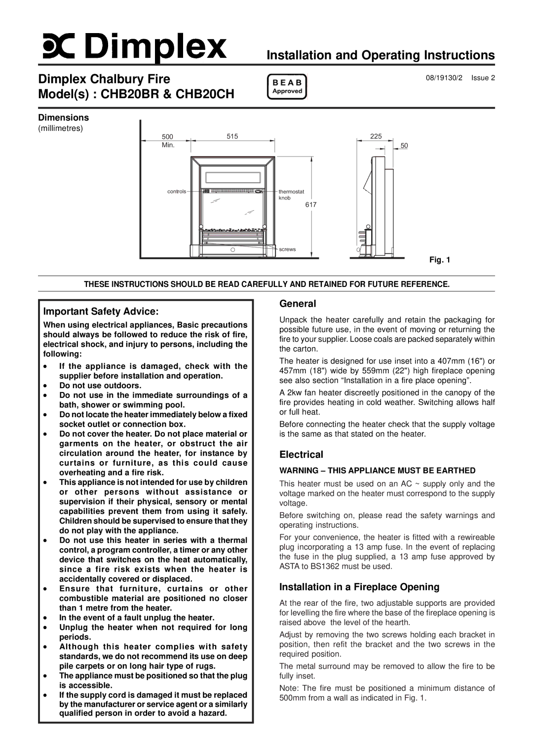 Dimplex CHB20CH, CHB20BR dimensions Important Safety Advice, General, Electrical, Installation in a Fireplace Opening 