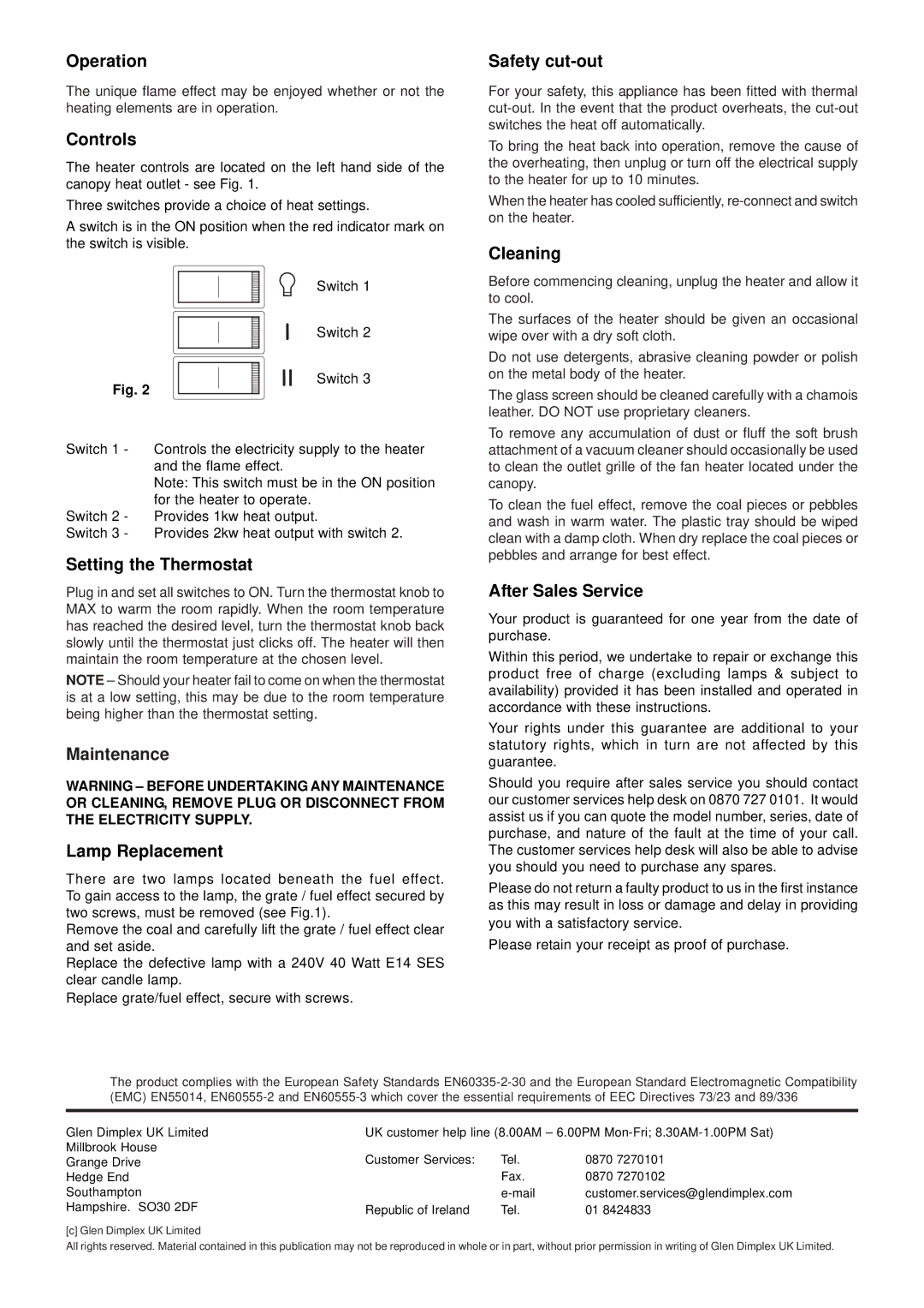 Dimplex CHB20BR, CHB20CH dimensions Operation, Controls, Safety cut-out, Cleaning, Setting the Thermostat, Lamp Replacement 