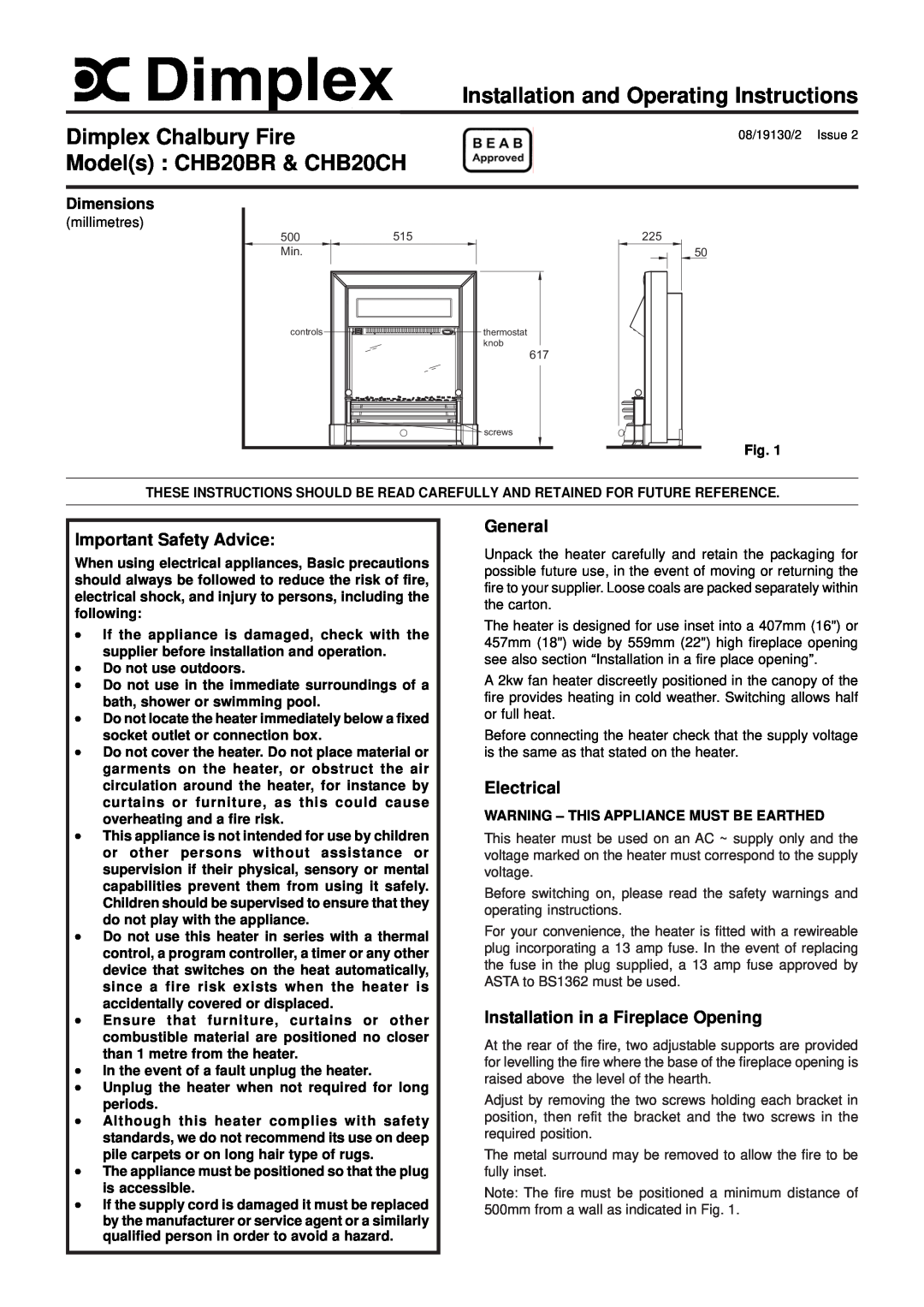 Dimplex CHB20CH dimensions Important Safety Advice, General, Electrical, Installation in a Fireplace Opening, Dimensions 