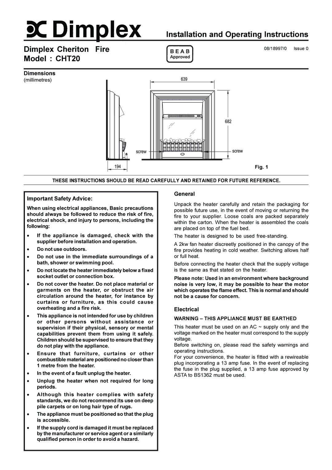 Dimplex CHT20 dimensions Dimensions, Important Safety Advice, General, Electrical, 08/18997/0 Issue 