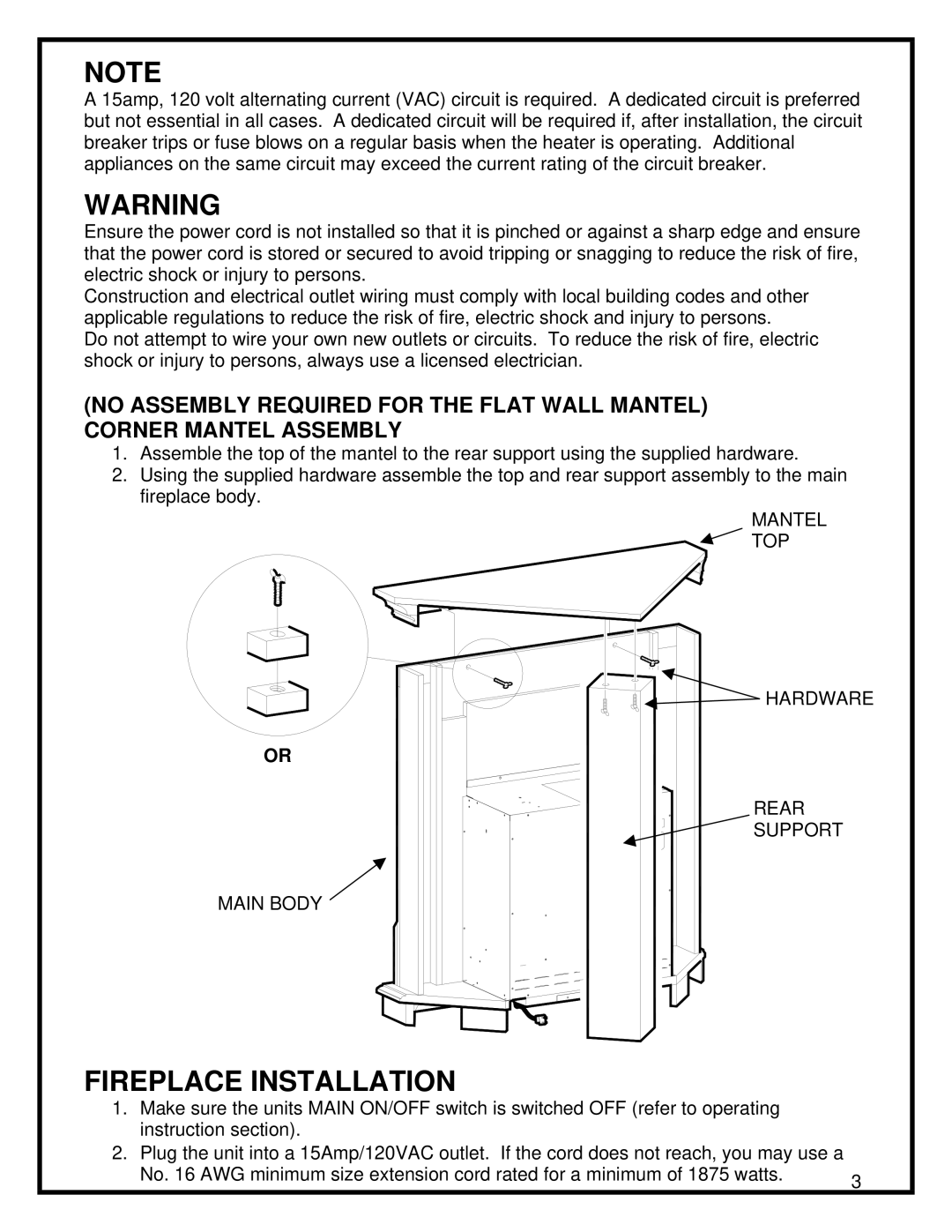 Dimplex COMPACT FIREPLACE manual Fireplace Installation 