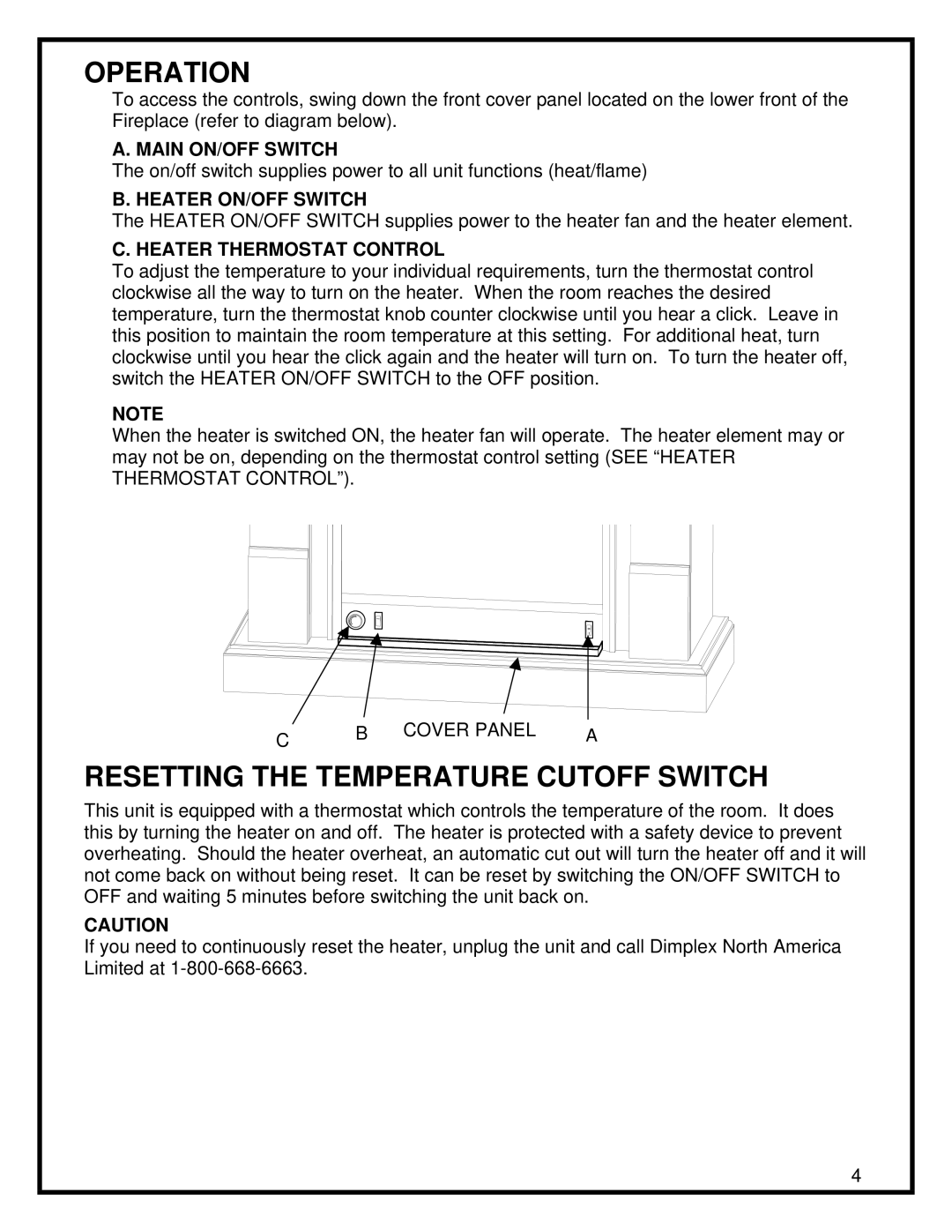 Dimplex COMPACT FIREPLACE Operation, Resetting the Temperature Cutoff Switch, Main ON/OFF Switch, Heater ON/OFF Switch 