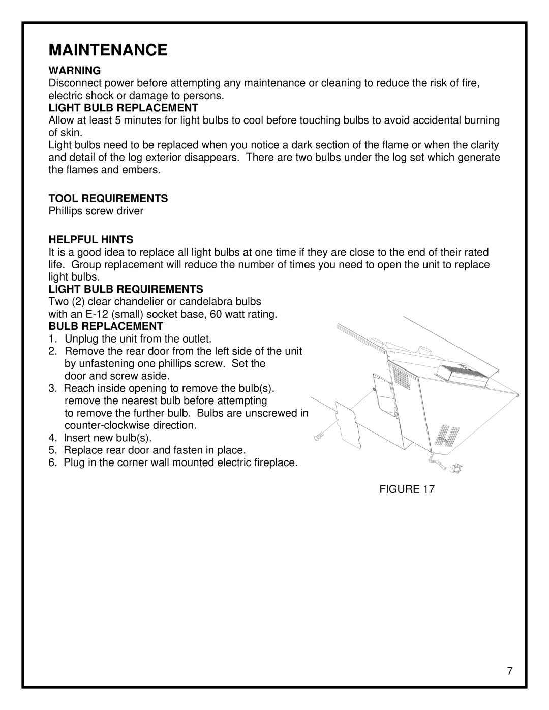 Dimplex Corner Standing Stove manual Maintenance 