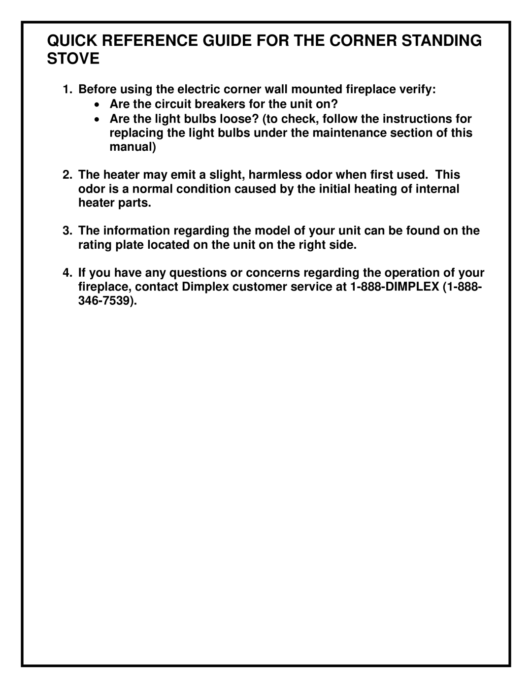 Dimplex manual Quick Reference Guide for the Corner Standing Stove 