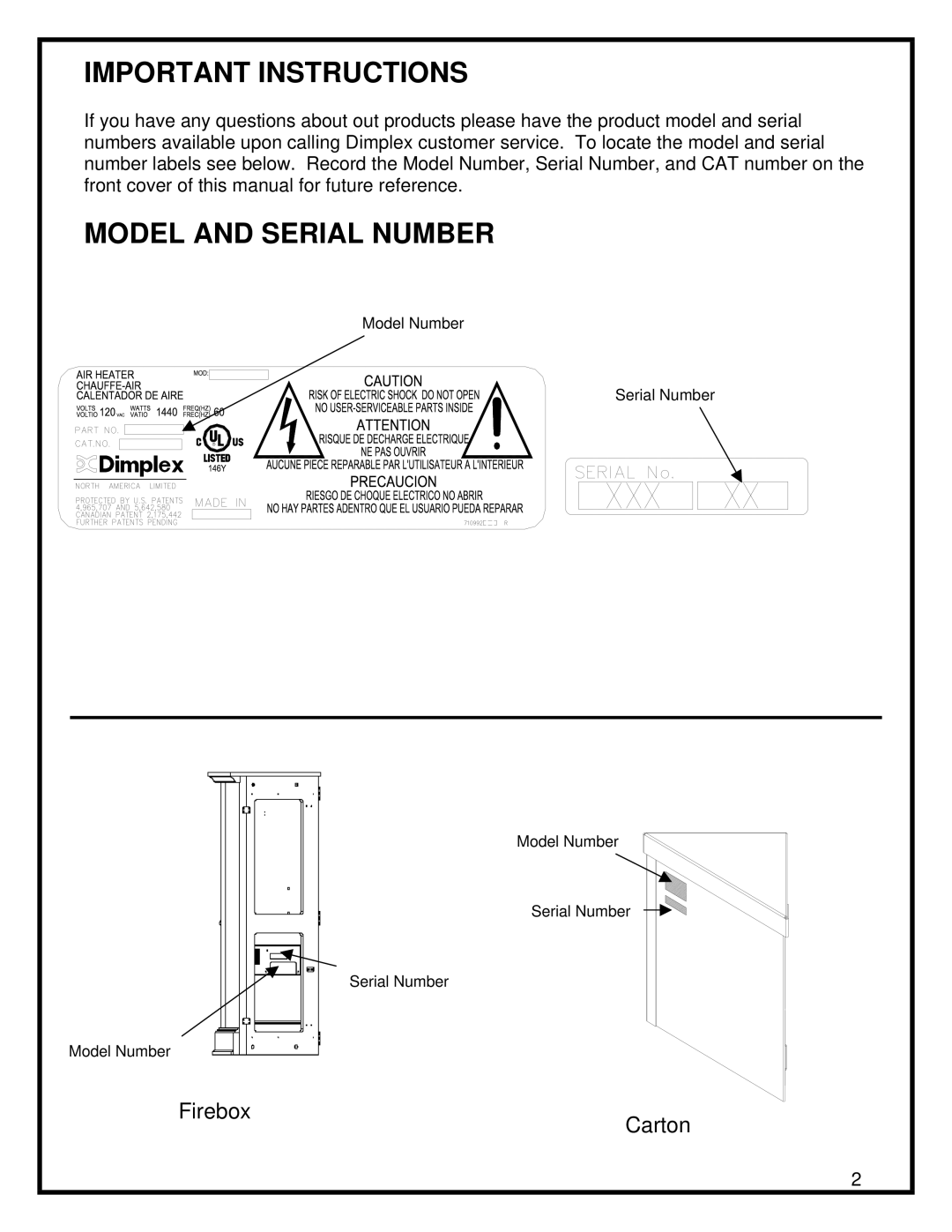 Dimplex Corner Standing Stove manual Important Instructions, Model and Serial Number 