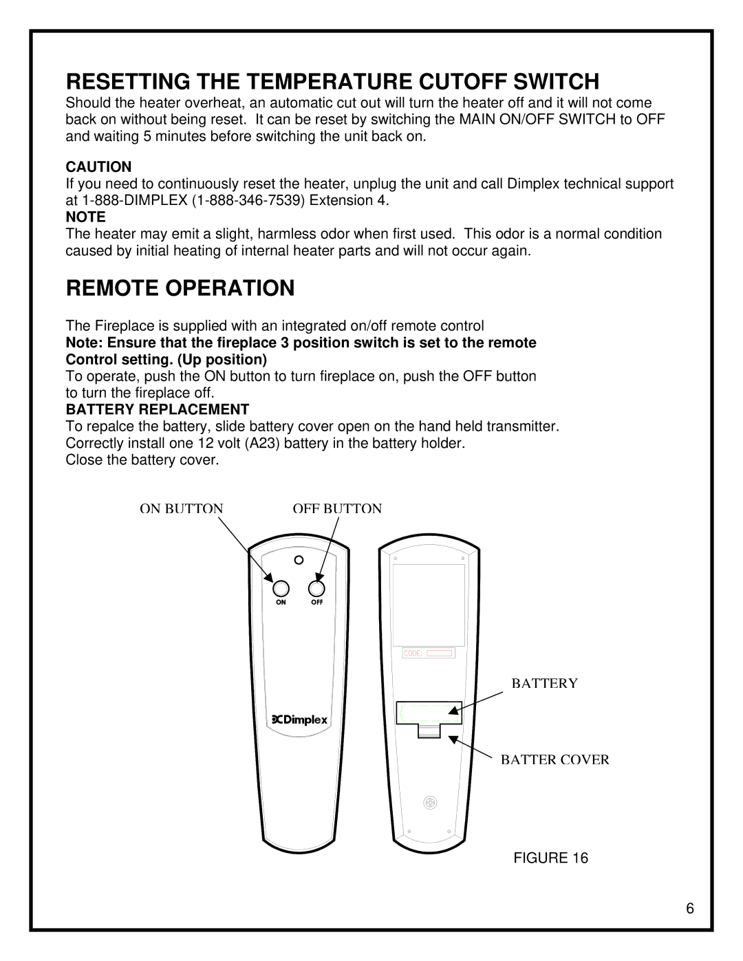 Dimplex Corner Standing Stove manual Resetting the Temperature Cutoff Switch, Remote Operation, Battery Replacement 