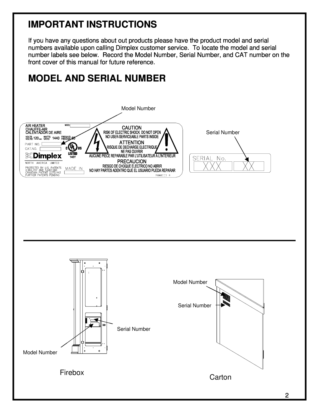 Dimplex Corner Standing Stove manual Important Instructions, Model And Serial Number, Firebox, Carton 