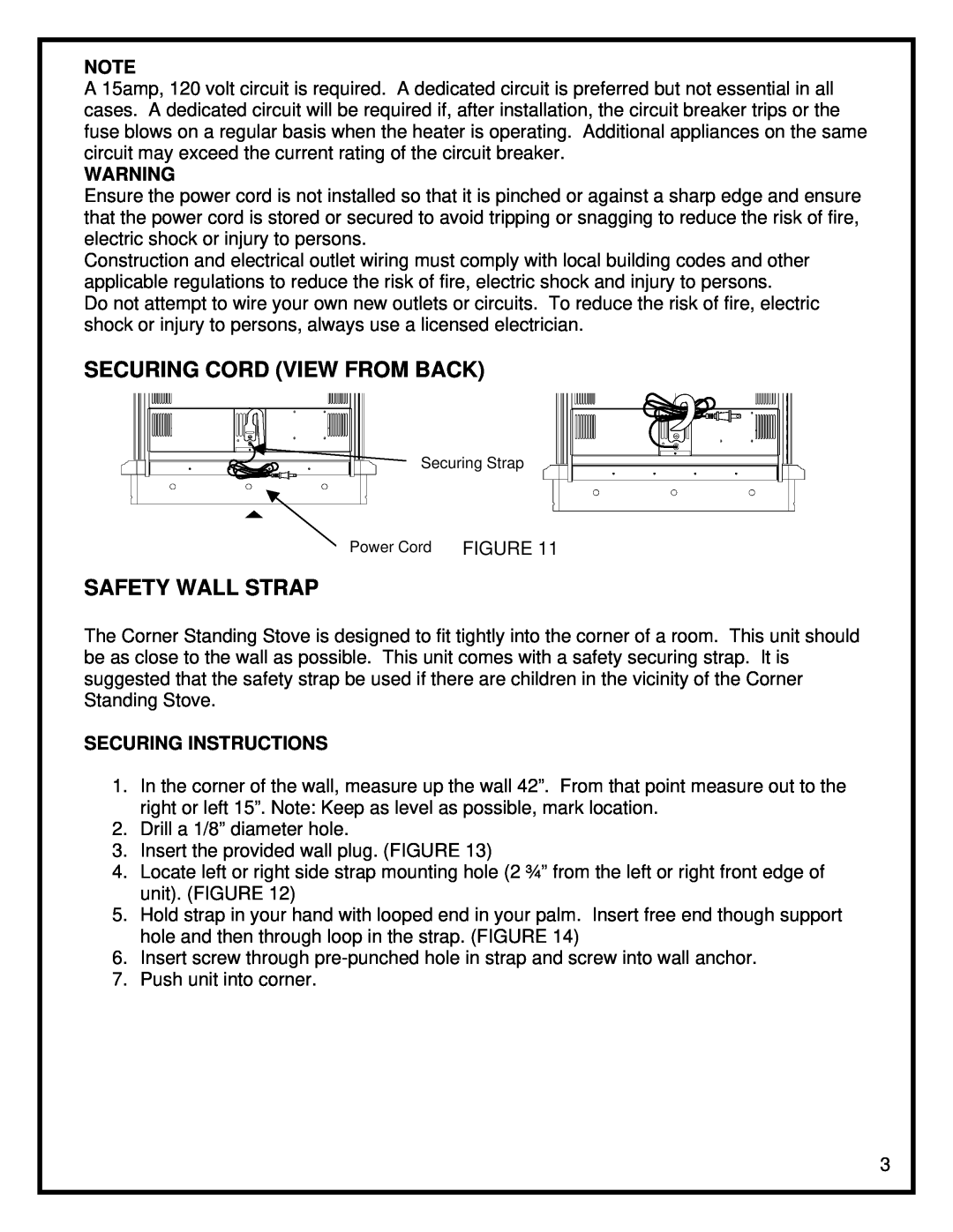 Dimplex Corner Standing Stove manual Securing Cord View From Back, Safety Wall Strap, Securing Instructions 