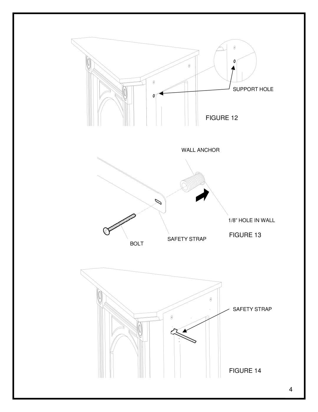 Dimplex Corner Standing Stove manual Support Hole, Wall Anchor, 1/8” HOLE IN WALL, Safety Strap, Bolt 