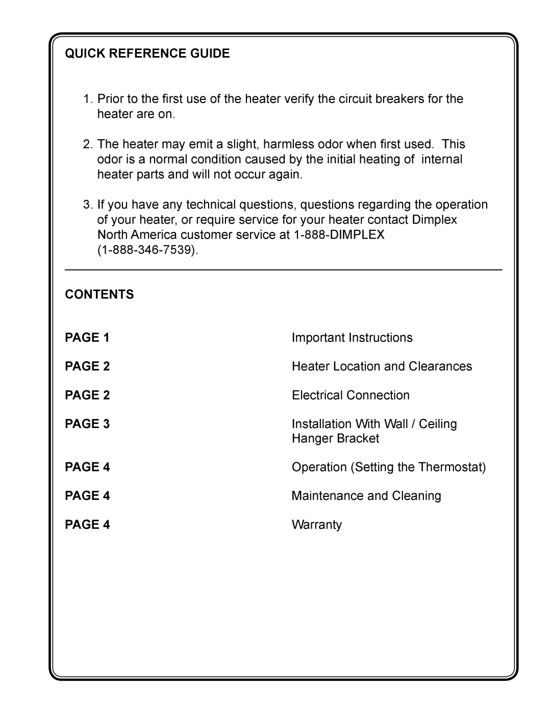 Dimplex CUH05B31T manual Quick Reference Guide, Contents 