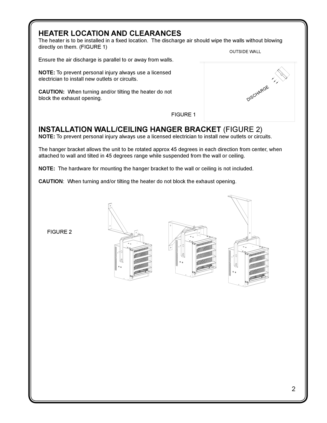 Dimplex CUH05B31T manual Heater Location and Clearances, Installation WALL/CEILING Hanger Bracket Figure 