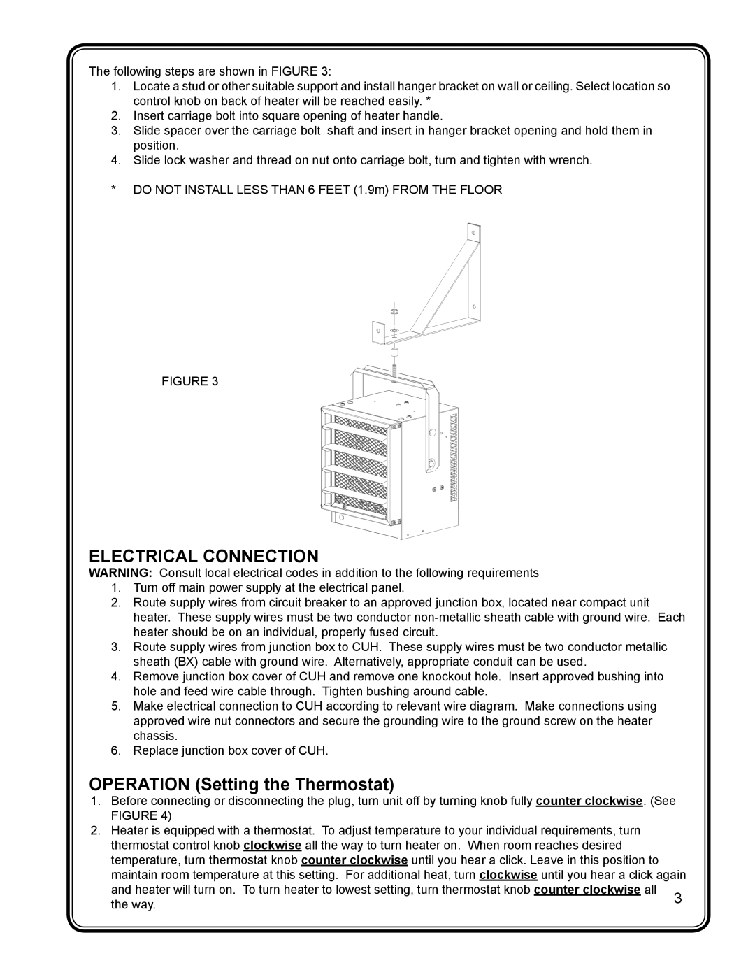 Dimplex CUH05B31T manual Electrical Connection, Operation Setting the Thermostat 