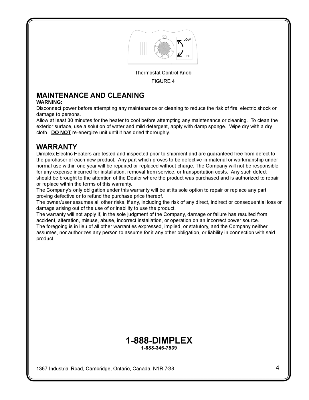 Dimplex CUH05B31T manual Maintenance and Cleaning, Warranty 