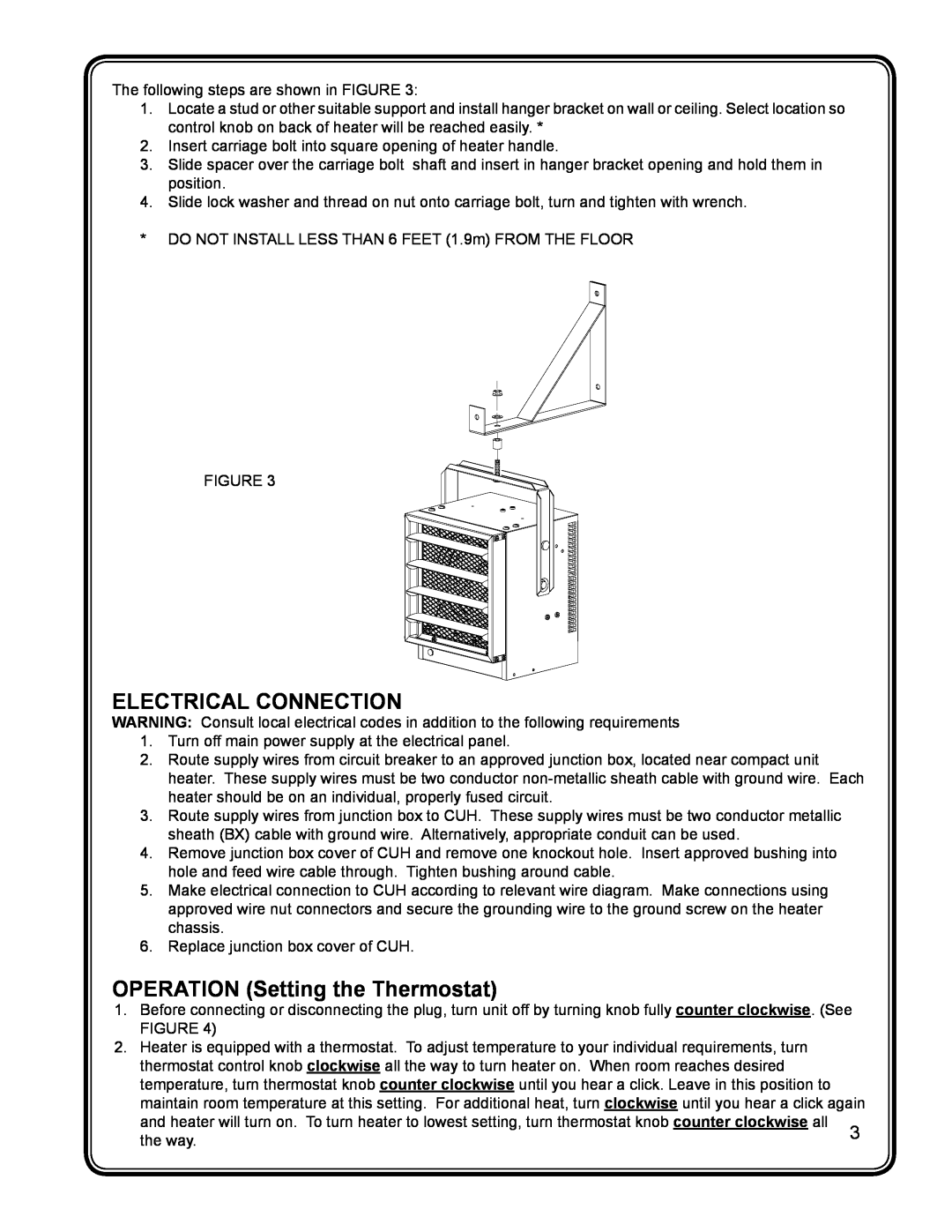 Dimplex CUH05B31T manual Electrical Connection, OPERATION Setting the Thermostat 