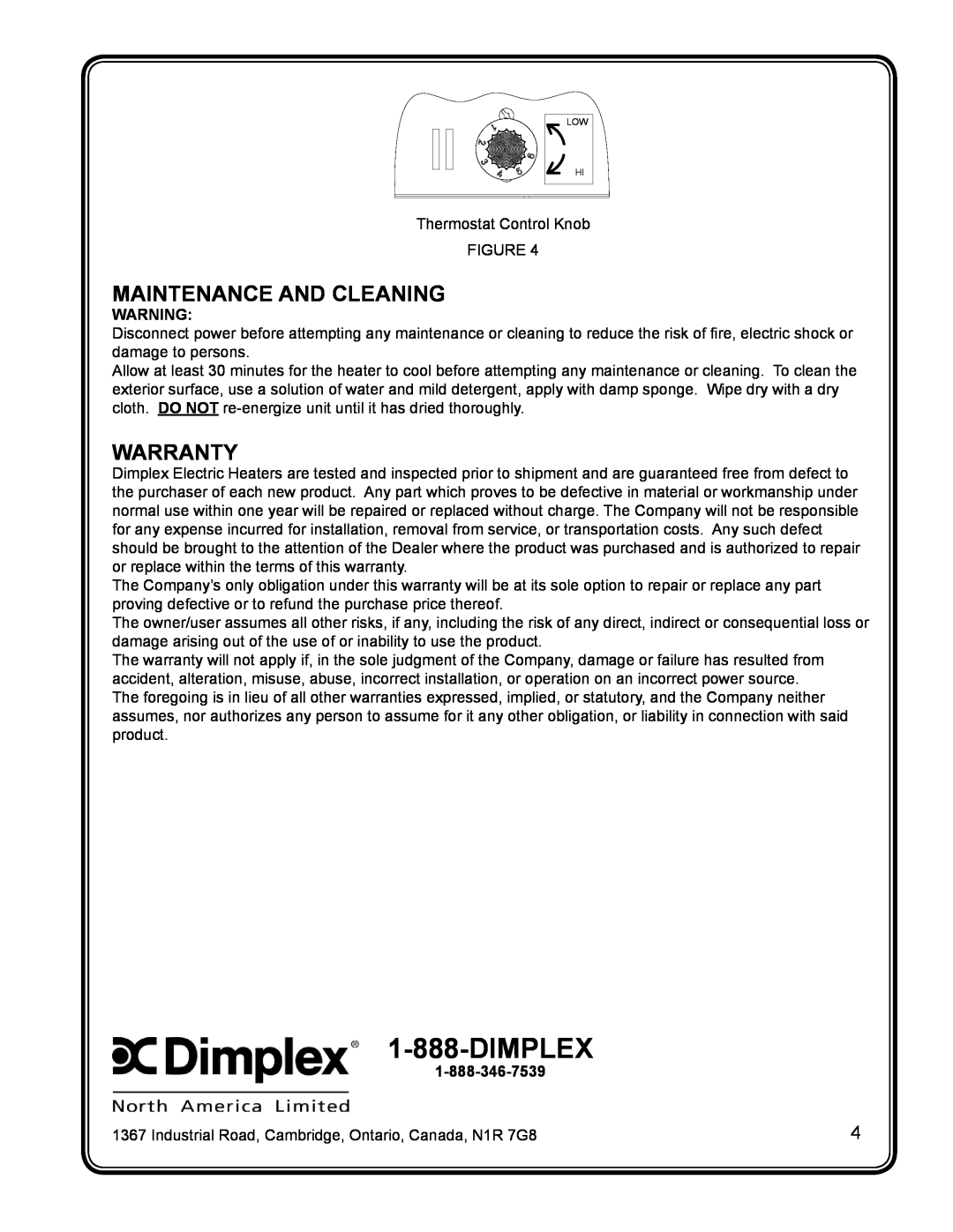 Dimplex CUH05B31T manual Dimplex, Maintenance And Cleaning, Warranty 