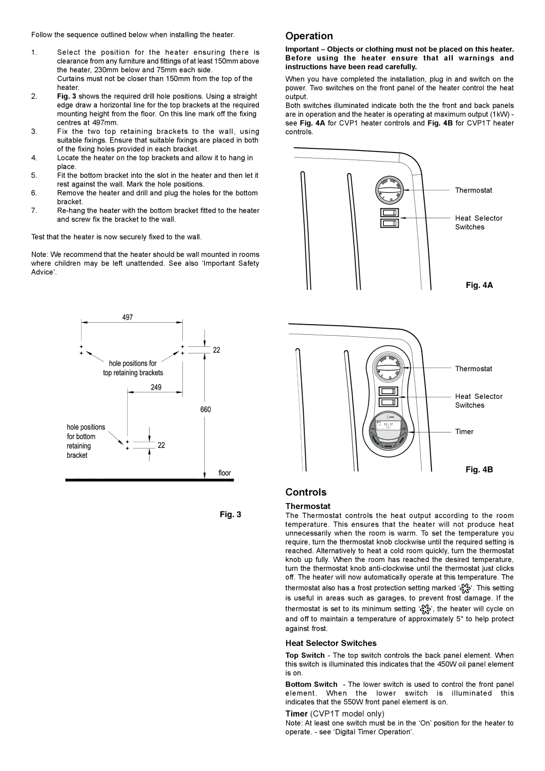 Dimplex CVP1T dimensions Operation, Controls 