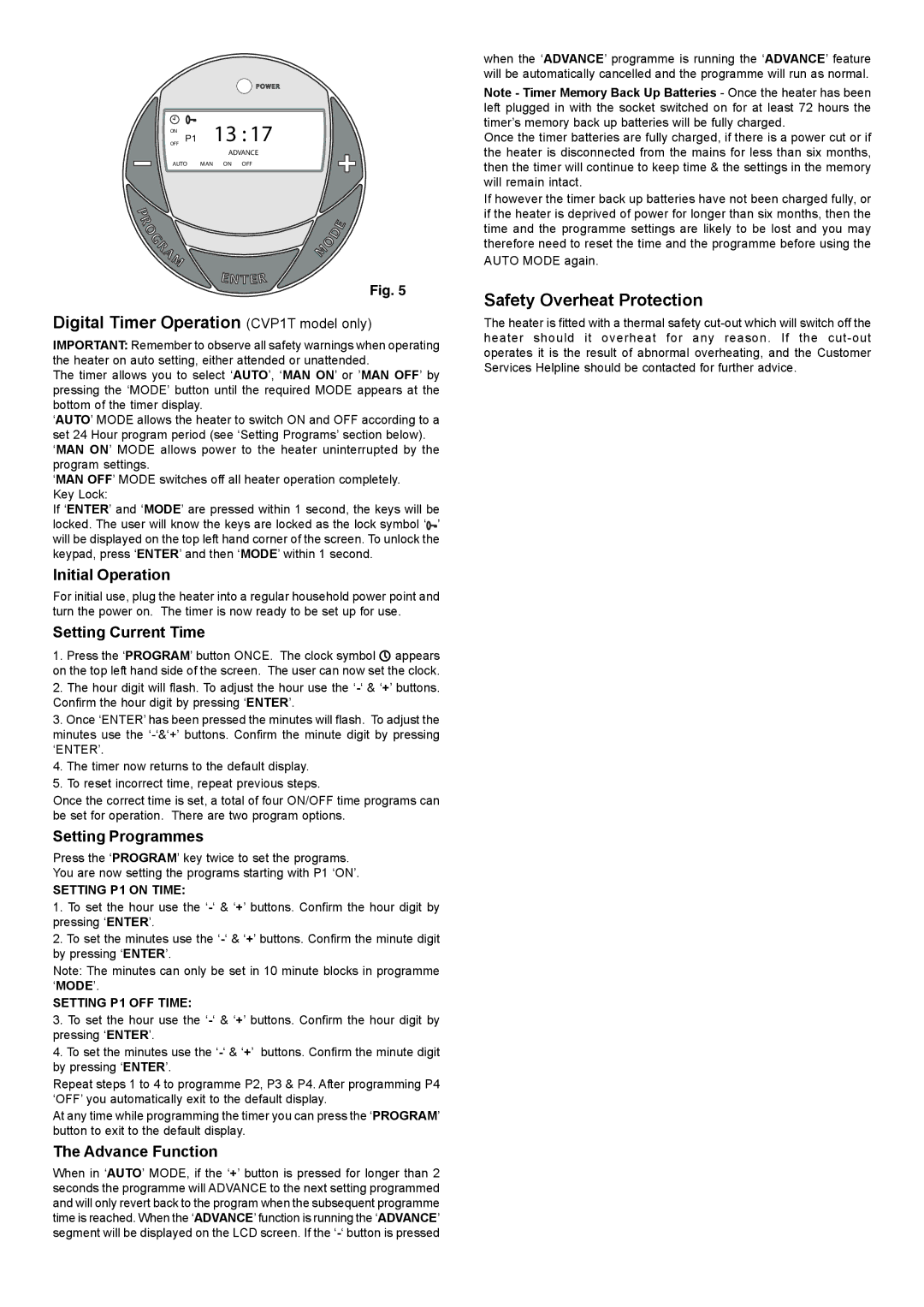 Dimplex Digital Timer Operation CVP1T model only, Safety Overheat Protection, Setting P1 on Time, Setting P1 OFF Time 