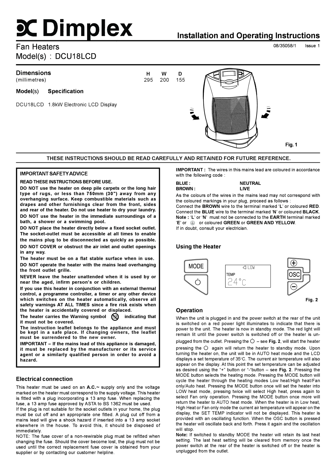 Dimplex DCU18LCD dimensions Model s Specification, Electrical connection, Using the Heater Operation 