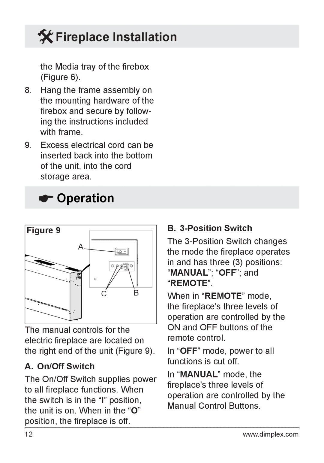 Dimplex DF1135M, DF1136L owner manual Operation, On/Off Switch, Position Switch 