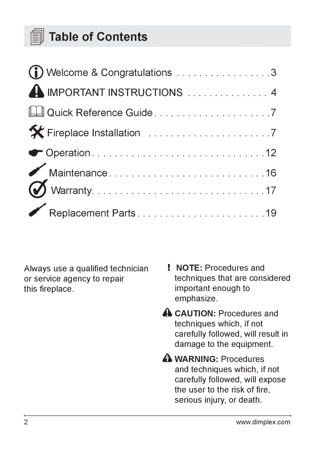 Dimplex DF1135M, DF1136L owner manual Table of Contents 