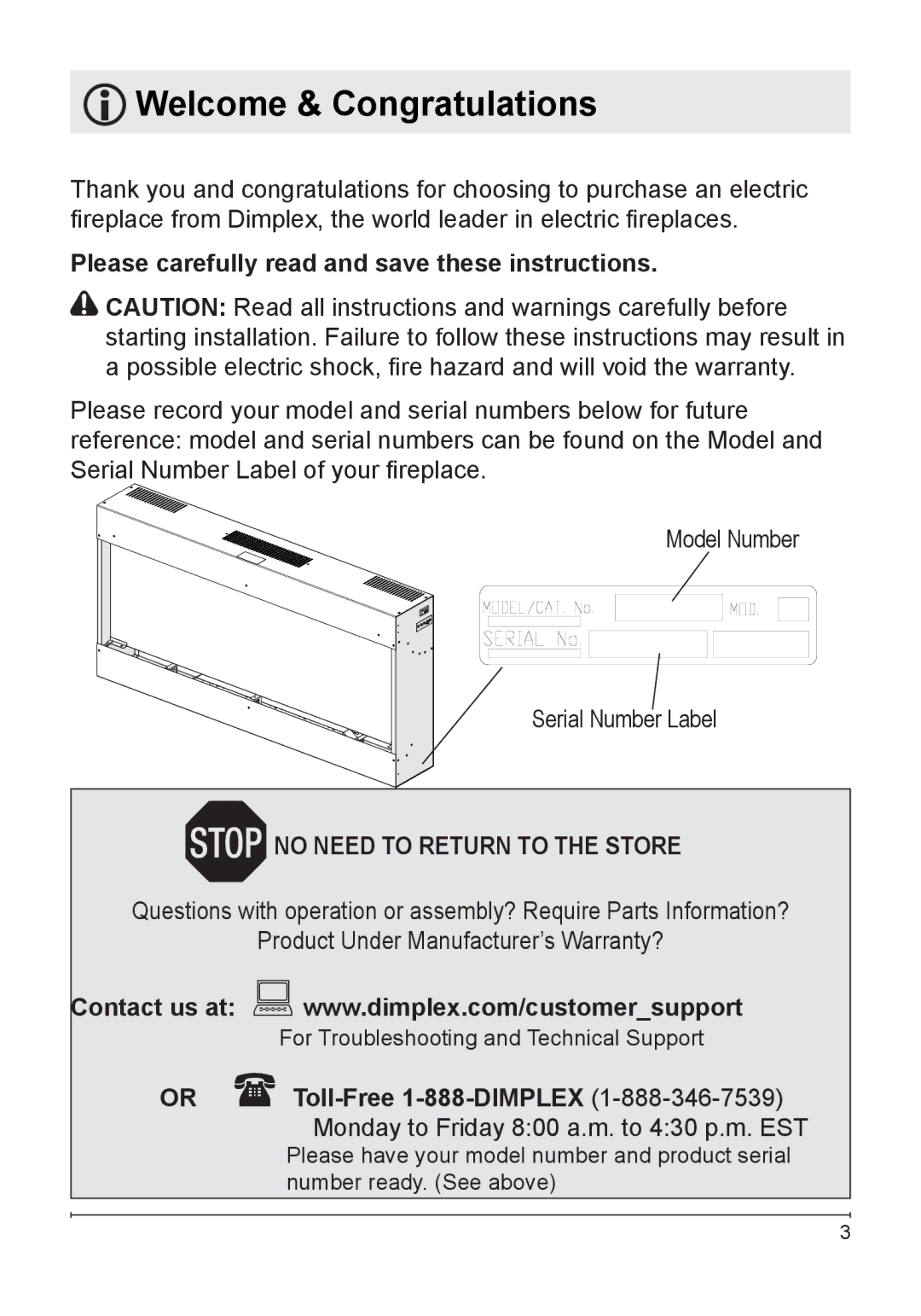 Dimplex DF1136L, DF1135M owner manual Welcome & Congratulations, Please carefully read and save these instructions 