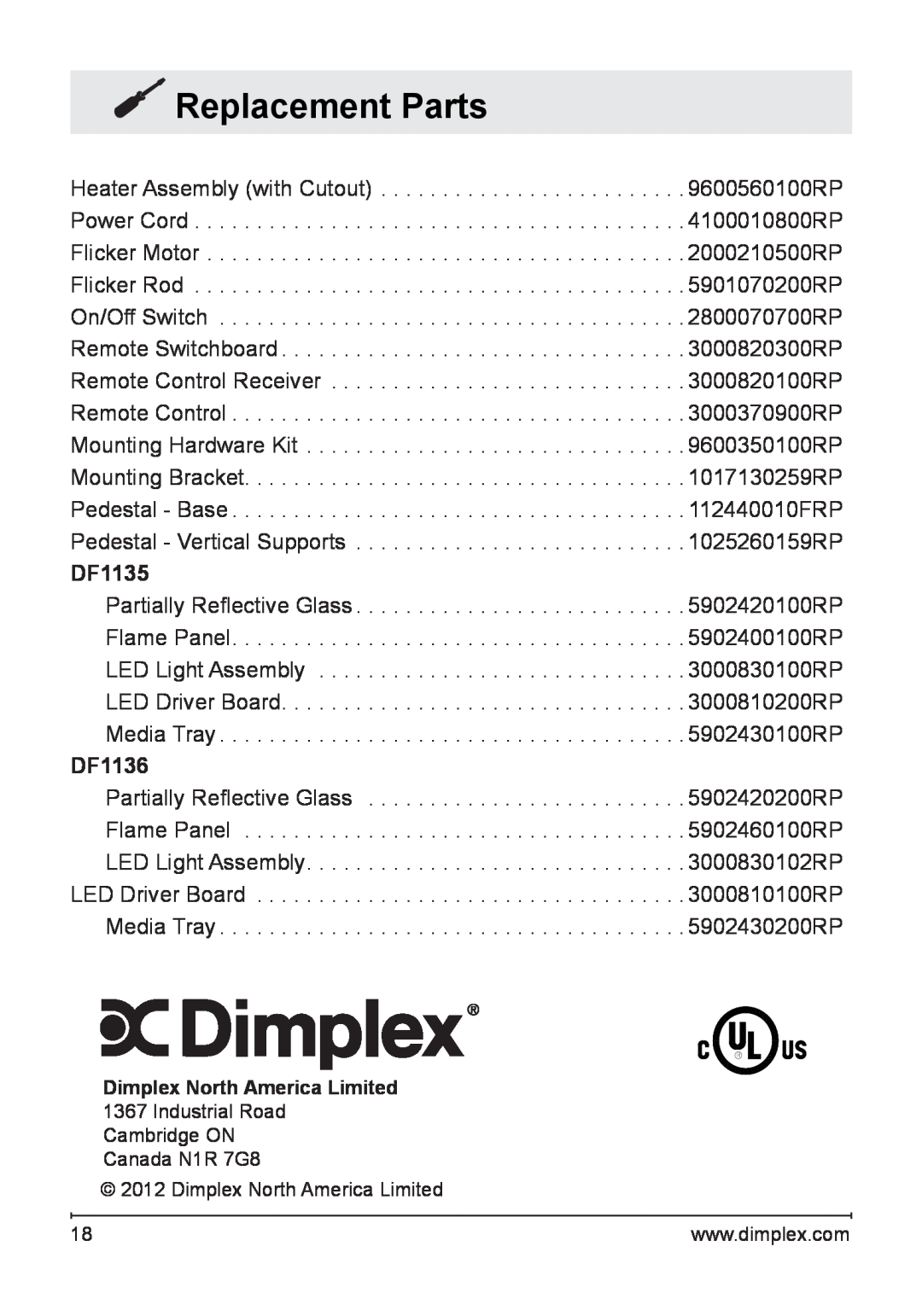 Dimplex DF1135M, DF1136L owner manual Replacement Parts 