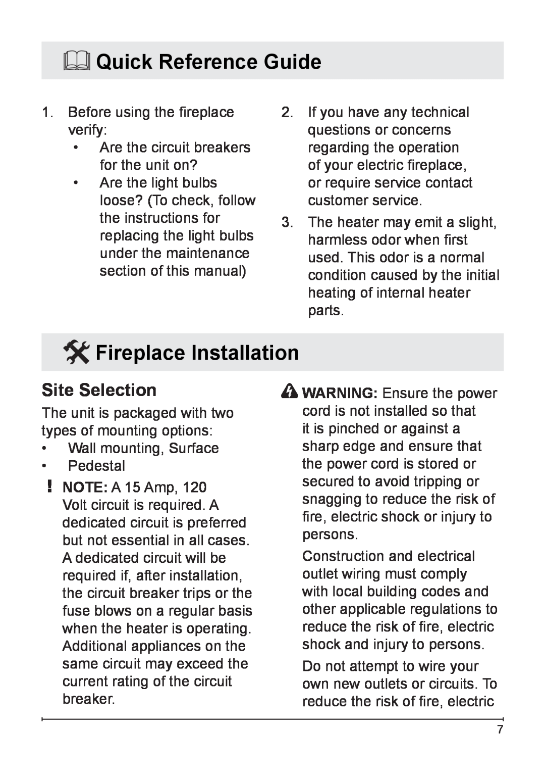 Dimplex DF1136L, DF1135M owner manual Quick Reference Guide, Fireplace Installation, Site Selection 