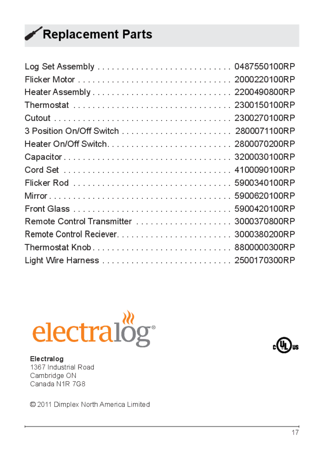 Dimplex DF203A owner manual Replacement Parts 