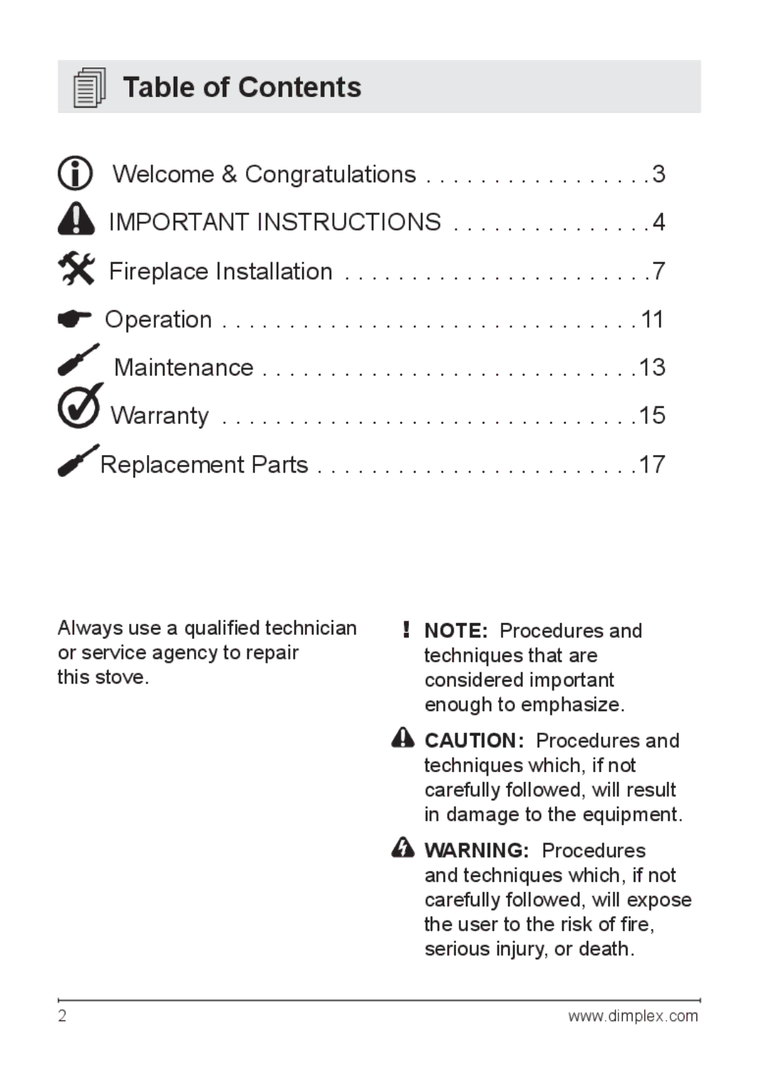 Dimplex DF203A owner manual Table of Contents 