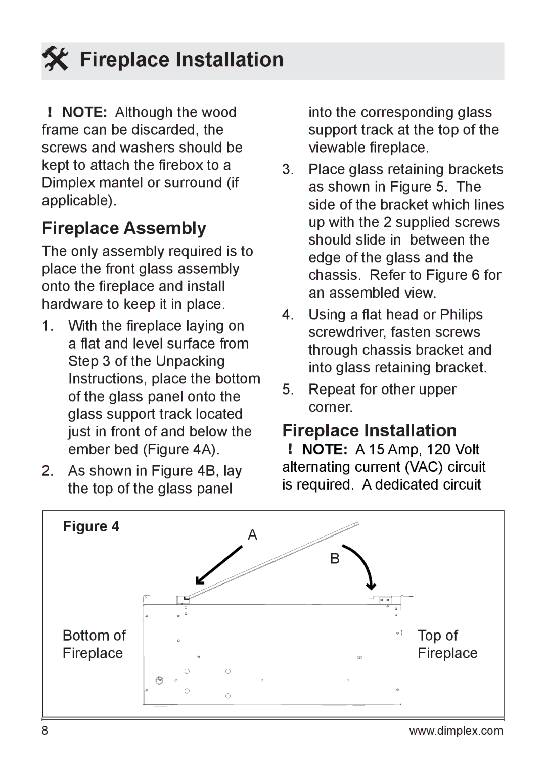 Dimplex DF203A owner manual Fireplace Assembly, Fireplace Installation 