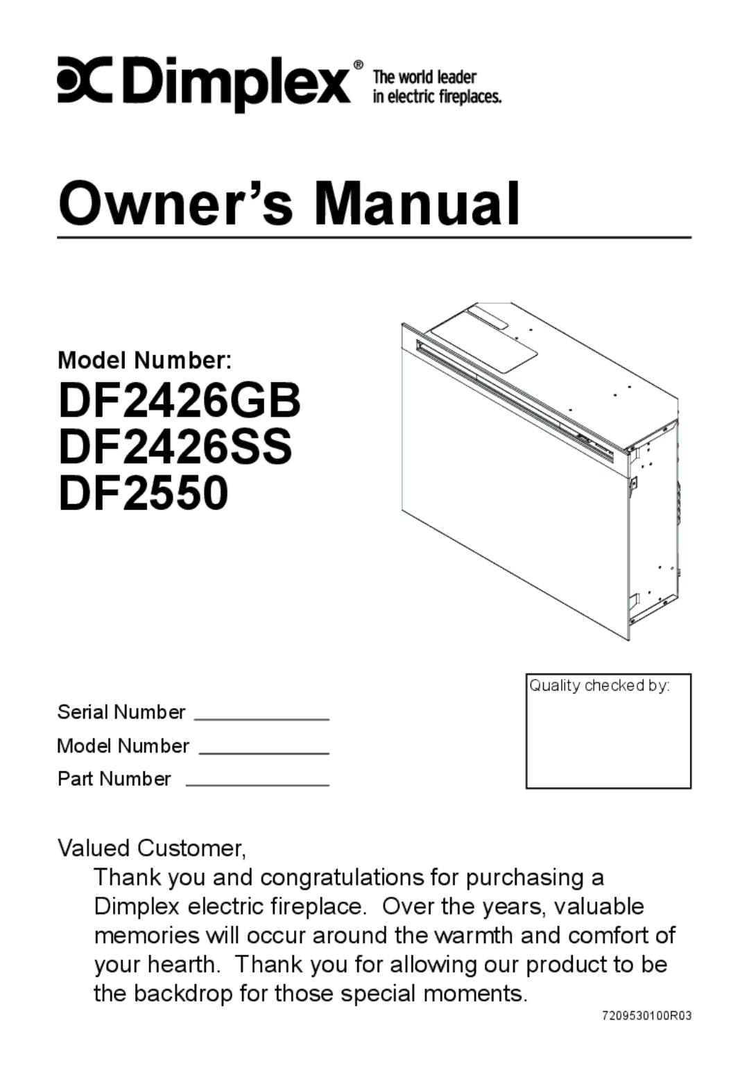 Dimplex owner manual DF2426GB DF2426SS DF2550, Model Number 