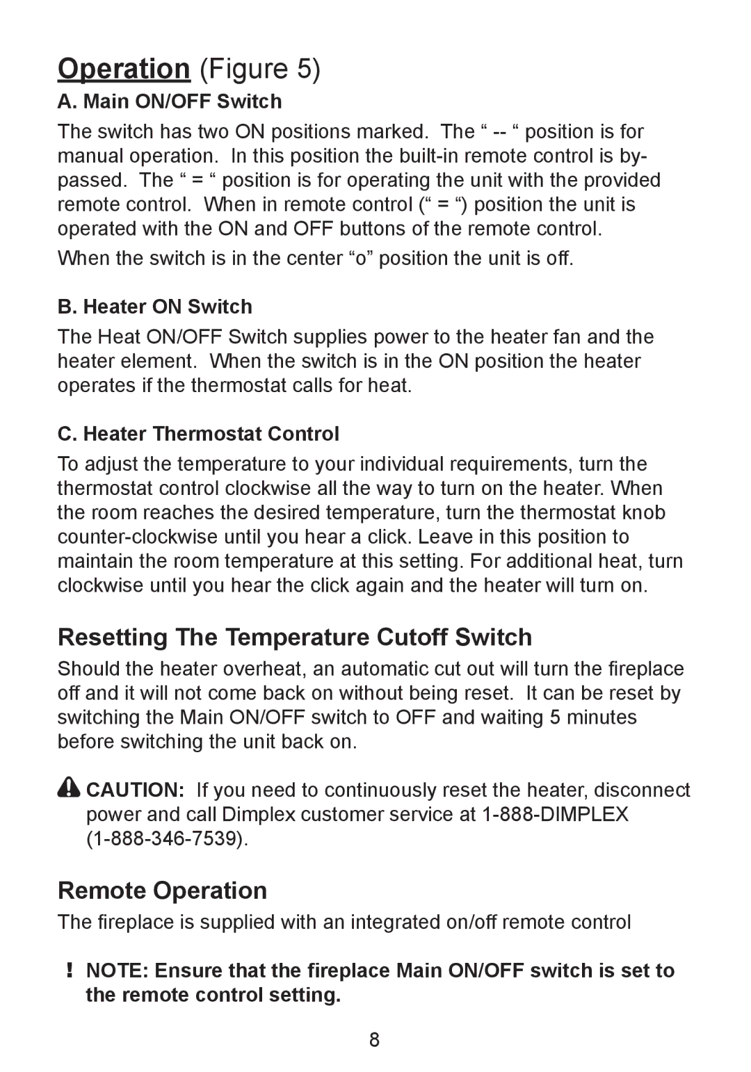 Dimplex DF2426SS, DF2550, DF2426GB owner manual Resetting The Temperature Cutoff Switch, Remote Operation 