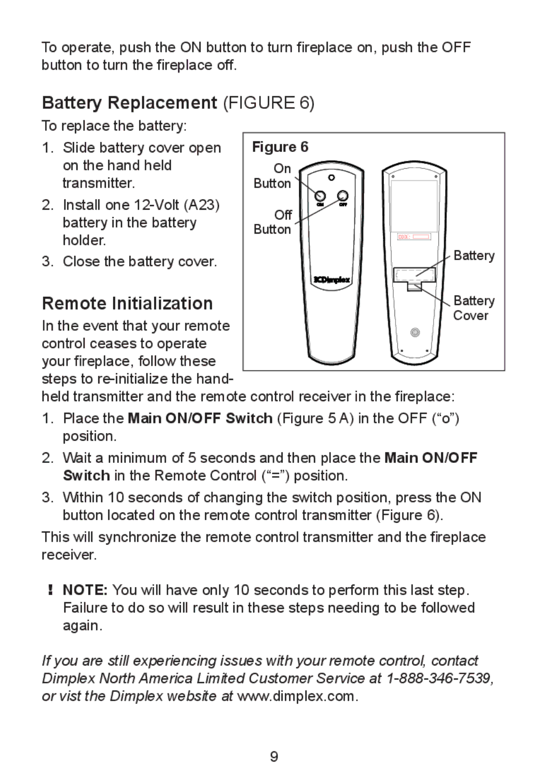 Dimplex DF2550, DF2426GB, DF2426SS owner manual Battery Replacement Figure, Remote Initialization 