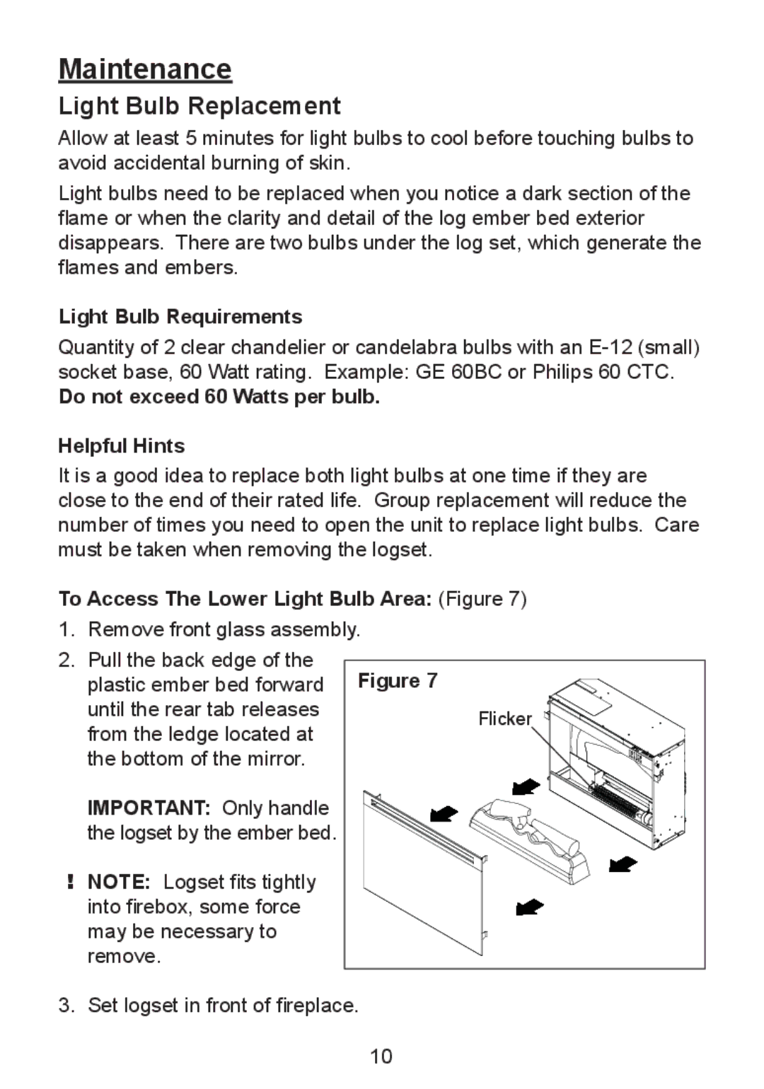 Dimplex DF2426GB, DF2550, DF2426SS owner manual Light Bulb Replacement, Light Bulb Requirements 