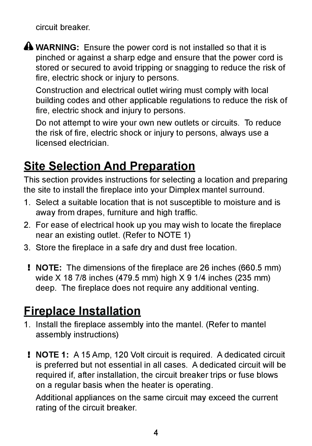 Dimplex DF2426GB, DF2550, DF2426SS owner manual Site Selection And Preparation 