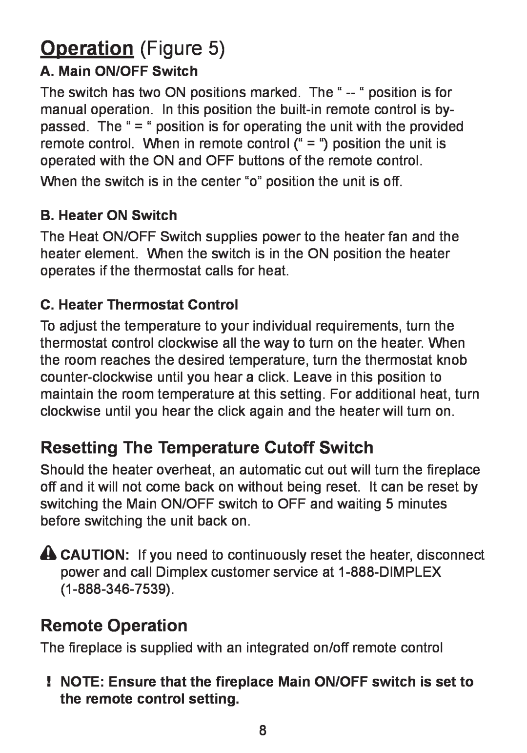 Dimplex DF2426SS Resetting The Temperature Cutoff Switch, Remote Operation, A. Main ON/OFF Switch, B. Heater ON Switch 