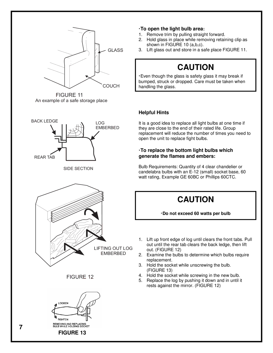 Dimplex DF2603 ·To open the light bulb area, Helpful Hints, Backledge LOG, Rear TAB Sidesection, Liftingout LOG Emberbed 