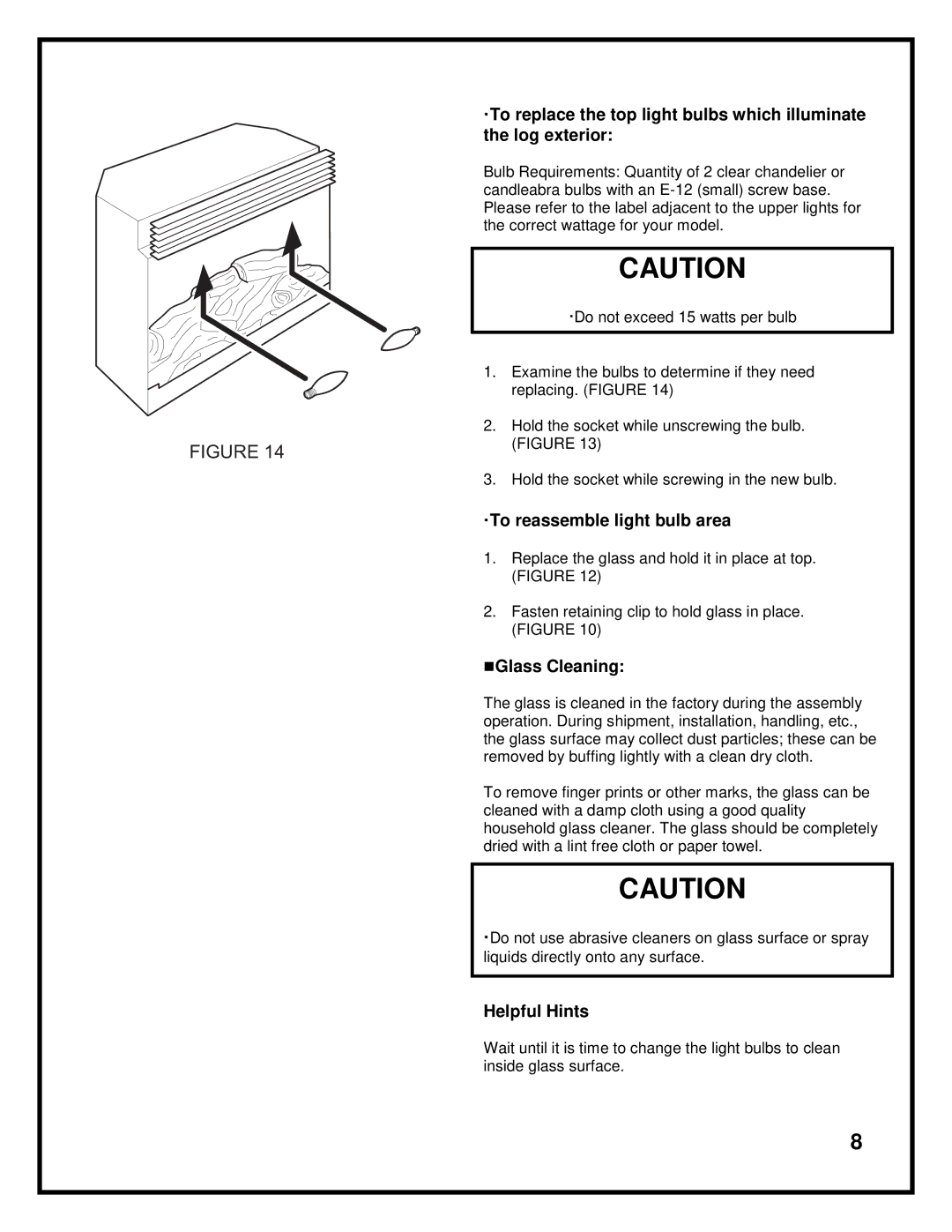 Dimplex DF2603 manual ·To reassemble light bulb area, Glass Cleaning 