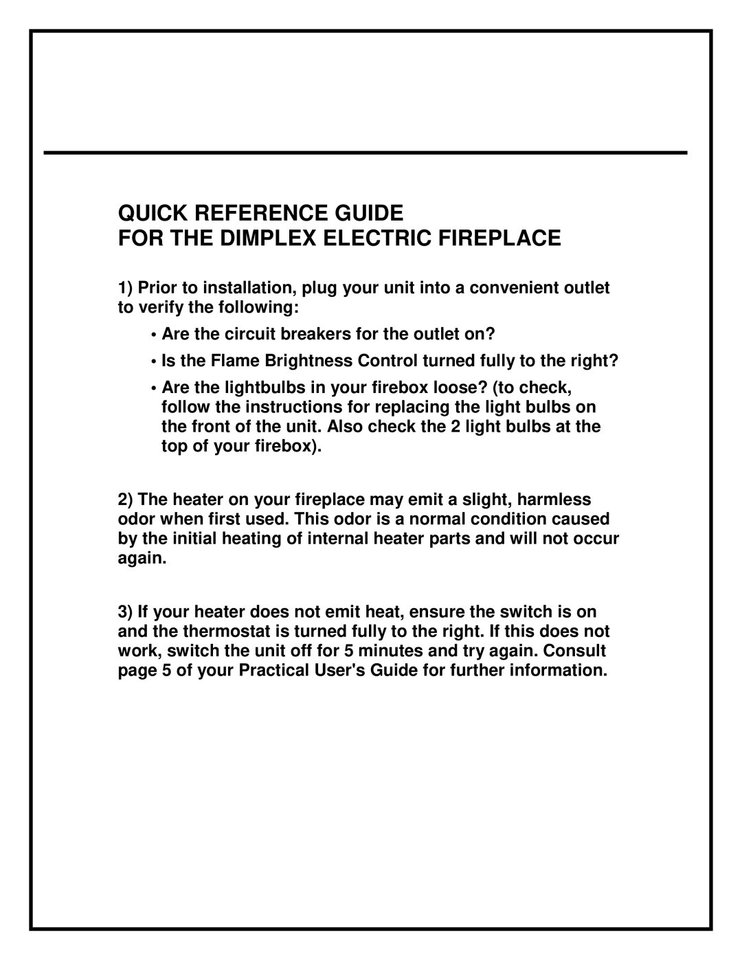 Dimplex DF2603 manual Quick Reference Guide For the Dimplex Electric Fireplace 