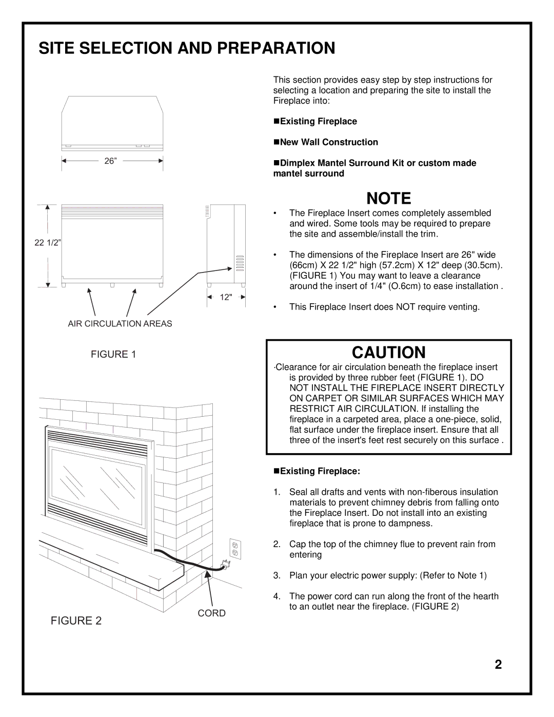 Dimplex DF2603 manual Site Selection and Preparation, Aircirculation Areas 