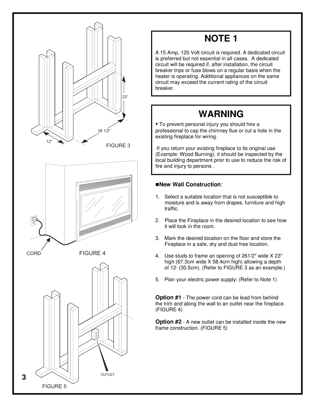 Dimplex DF2603 manual New Wall Construction, Cord 