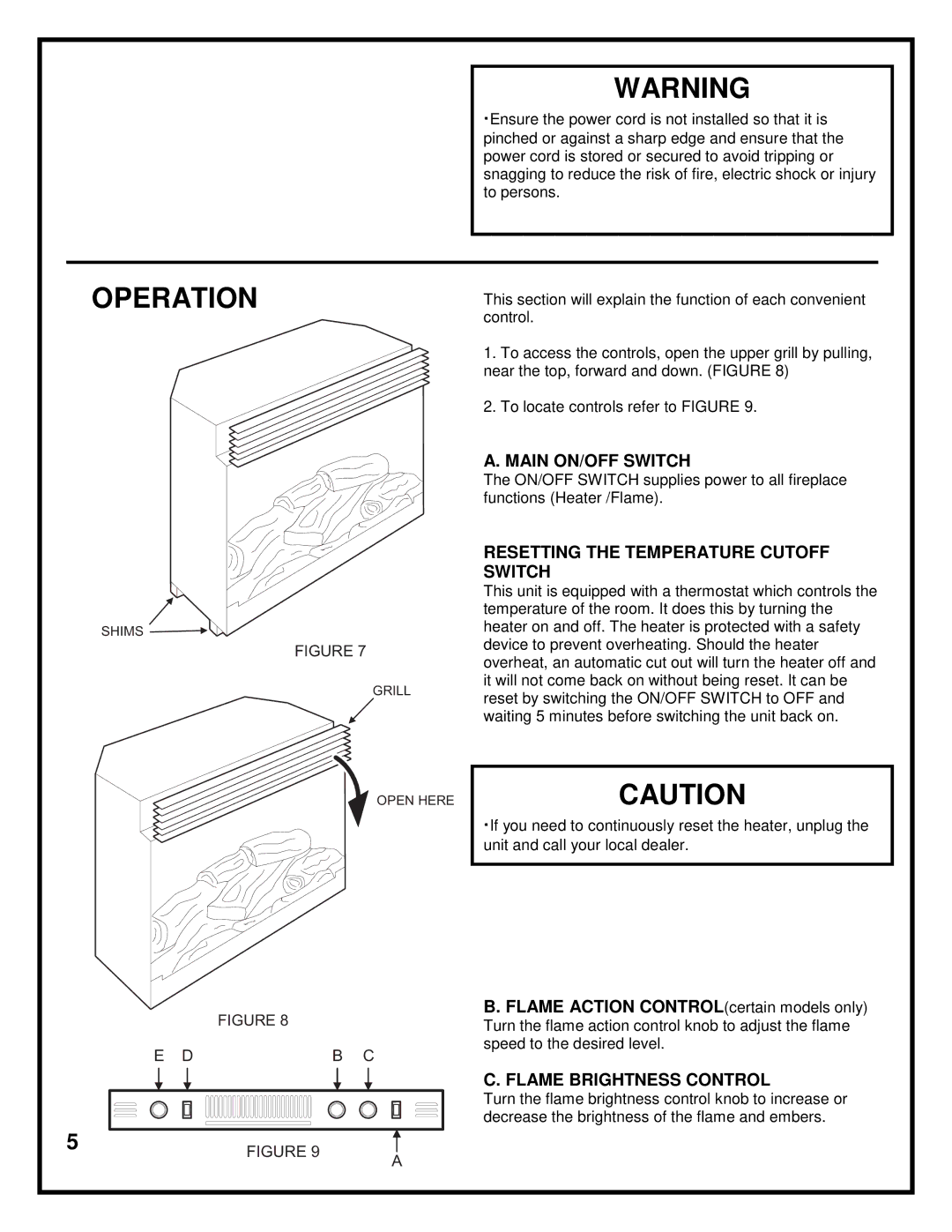 Dimplex DF2603 manual Operation, Flame Action CONTROLcertain models only 