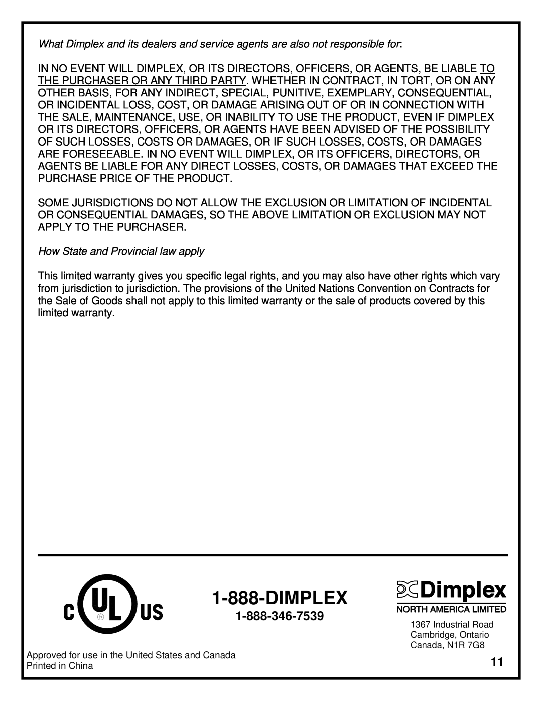 Dimplex DF2603 manual Dimplex, How State and Provincial law apply 