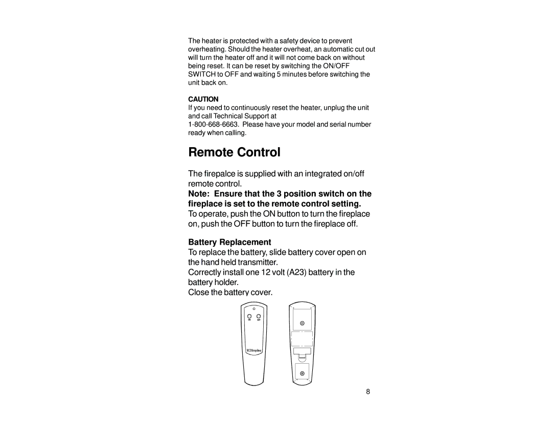 Dimplex DF2608 manual Remote Control, Battery Replacement 