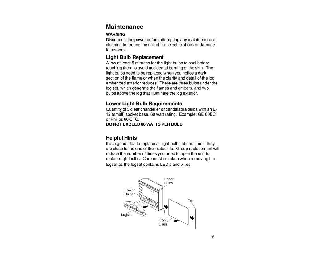 Dimplex DF2608 manual Maintenance, Light Bulb Replacement, Lower Light Bulb Requirements, Helpful Hints 