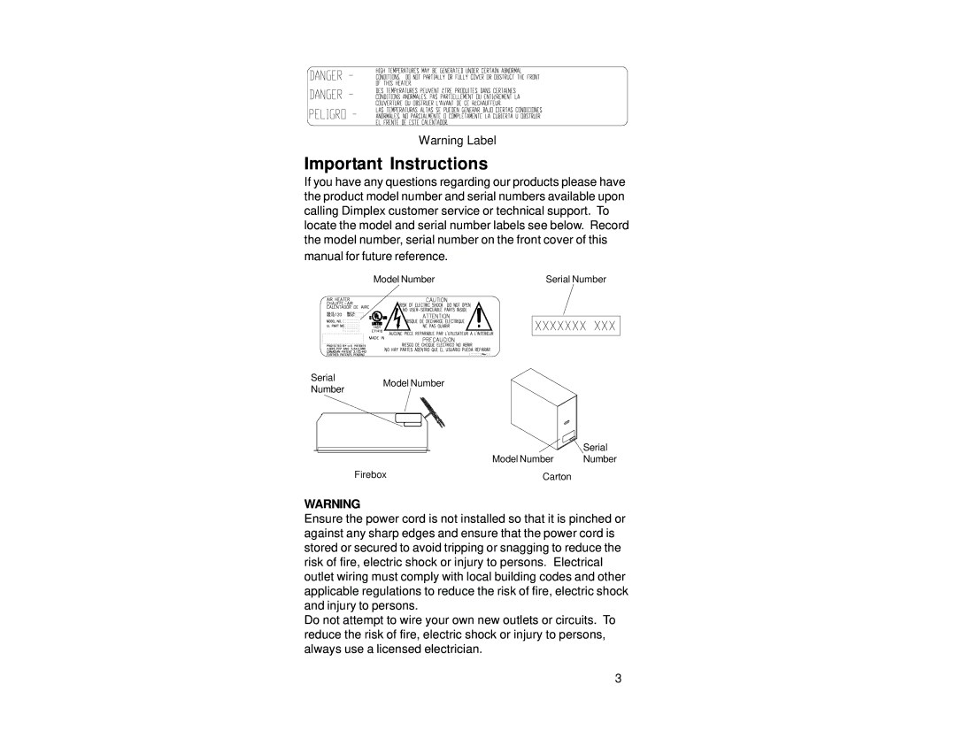 Dimplex DF2608 manual Important Instructions 