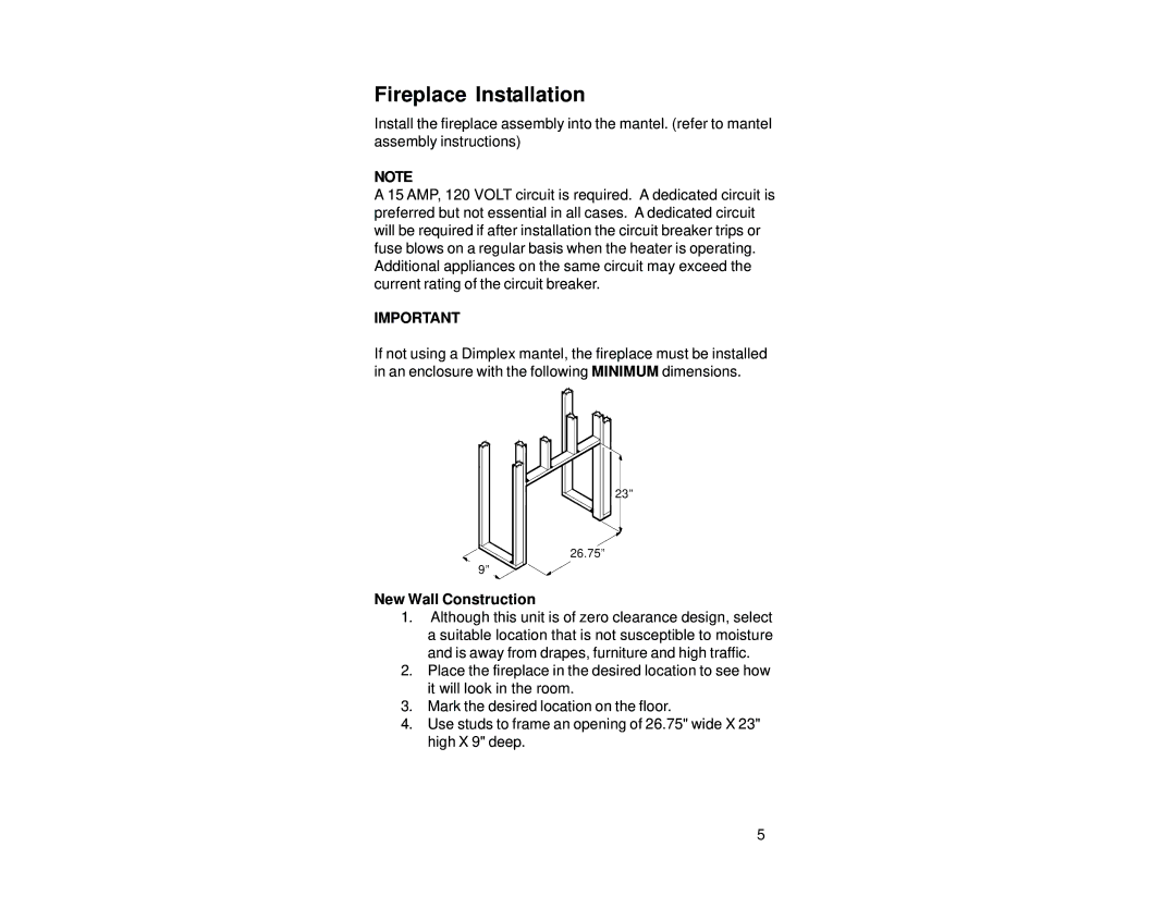 Dimplex DF2608 manual Fireplace Installation, New Wall Construction 