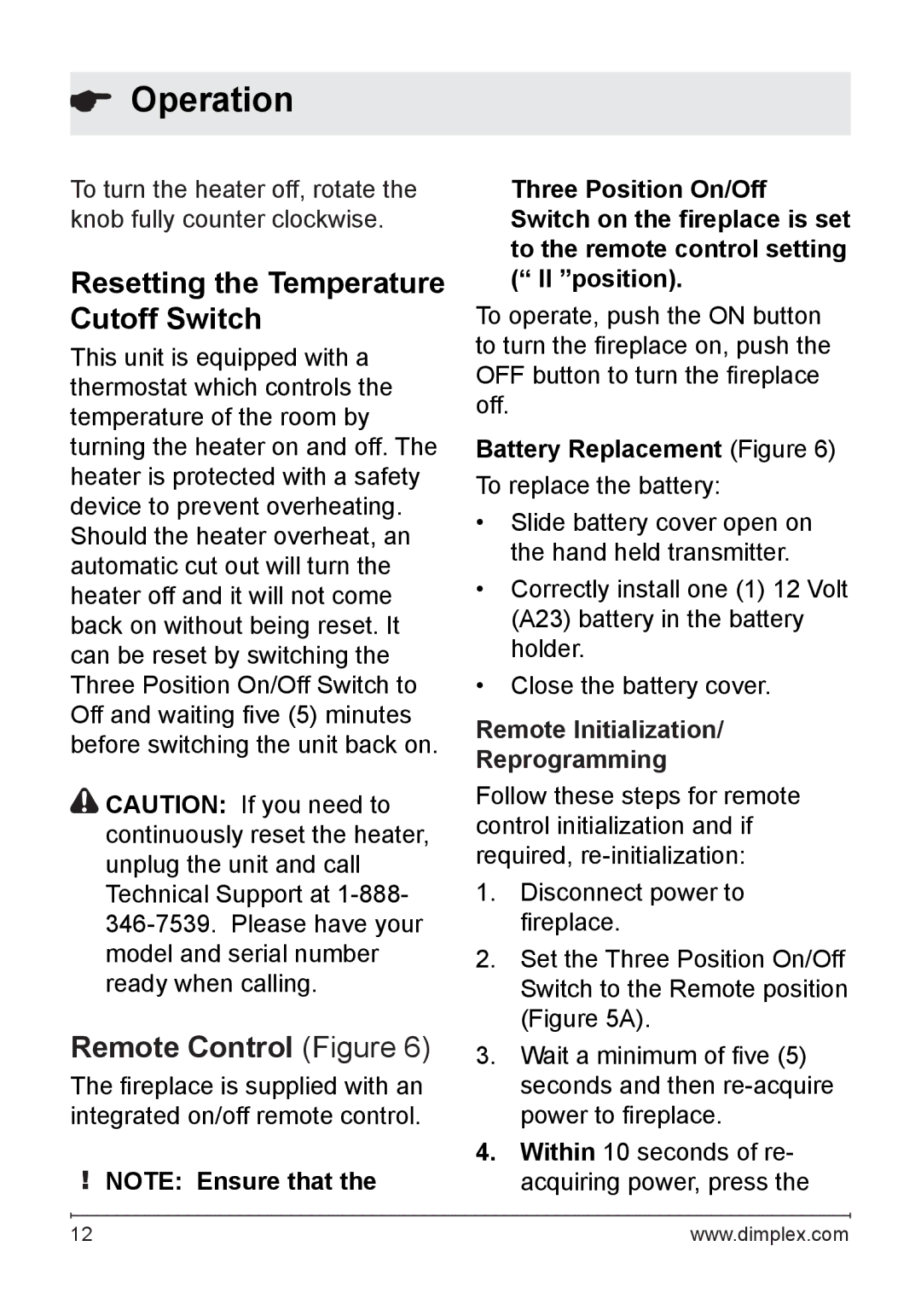 Dimplex DF2608 owner manual Resetting the Temperature Cutoff Switch, Remote Control Figure, Battery Replacement Figure 