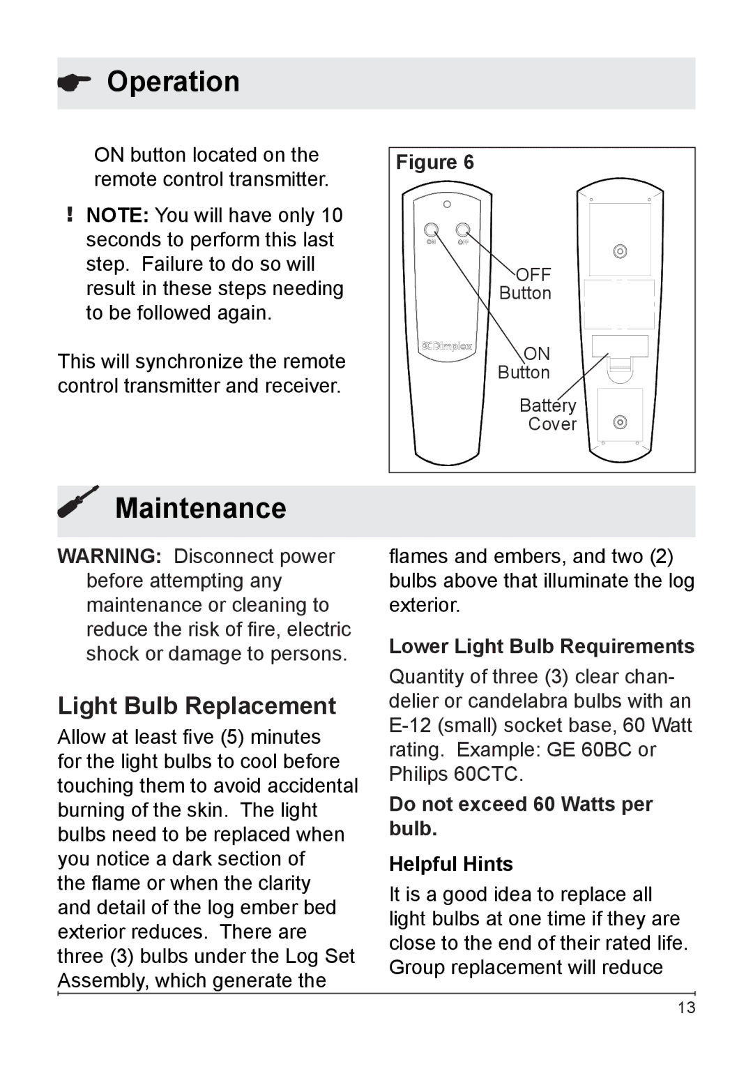 Dimplex DF2608 owner manual Maintenance, Light Bulb Replacement, Lower Light Bulb Requirements 